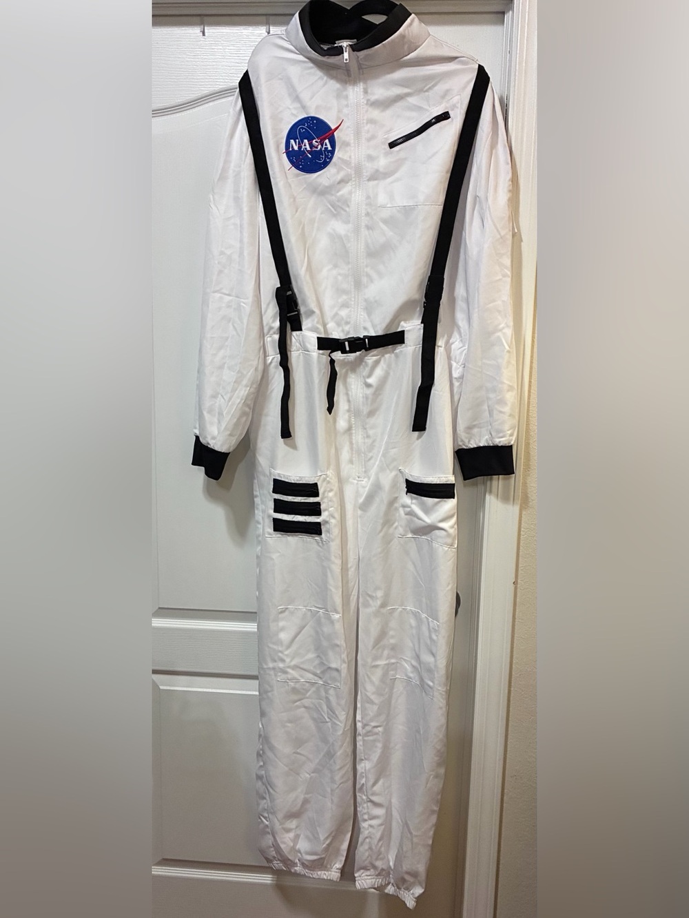 NWOT SPIRIT FullLength White Space Jumpsuit Costume Blk Straps, Cuffs & Patches
